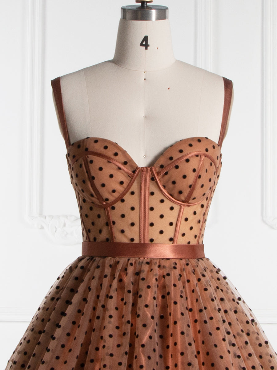 A-Line Sweetheart Polka Dot Tulle Prom Gown Photoshoot Dress with Sweep Train YE2552