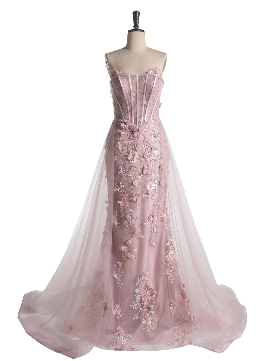 Mermaid Strapless Sweep Train 3D Flower Pink Floral Lace Prom Gown YE2530