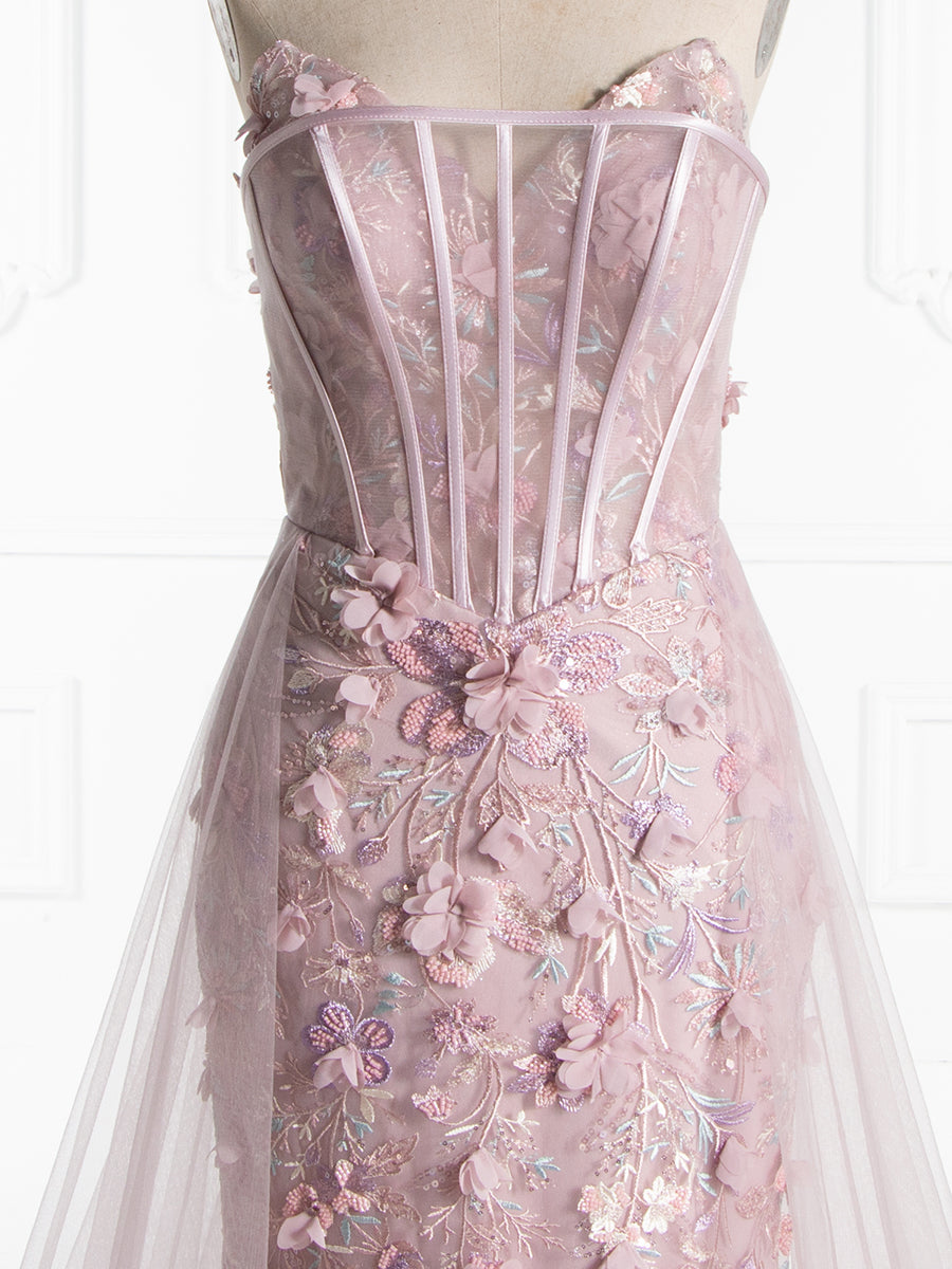 Mermaid Strapless Sweep Train 3D Flower Pink Floral Lace Prom Gown YE2530