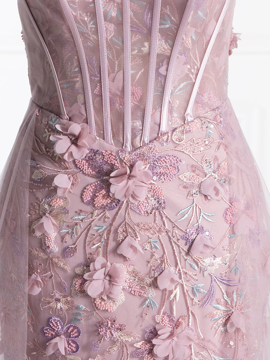 Mermaid Strapless Sweep Train 3D Flower Pink Floral Lace Prom Gown YE2530