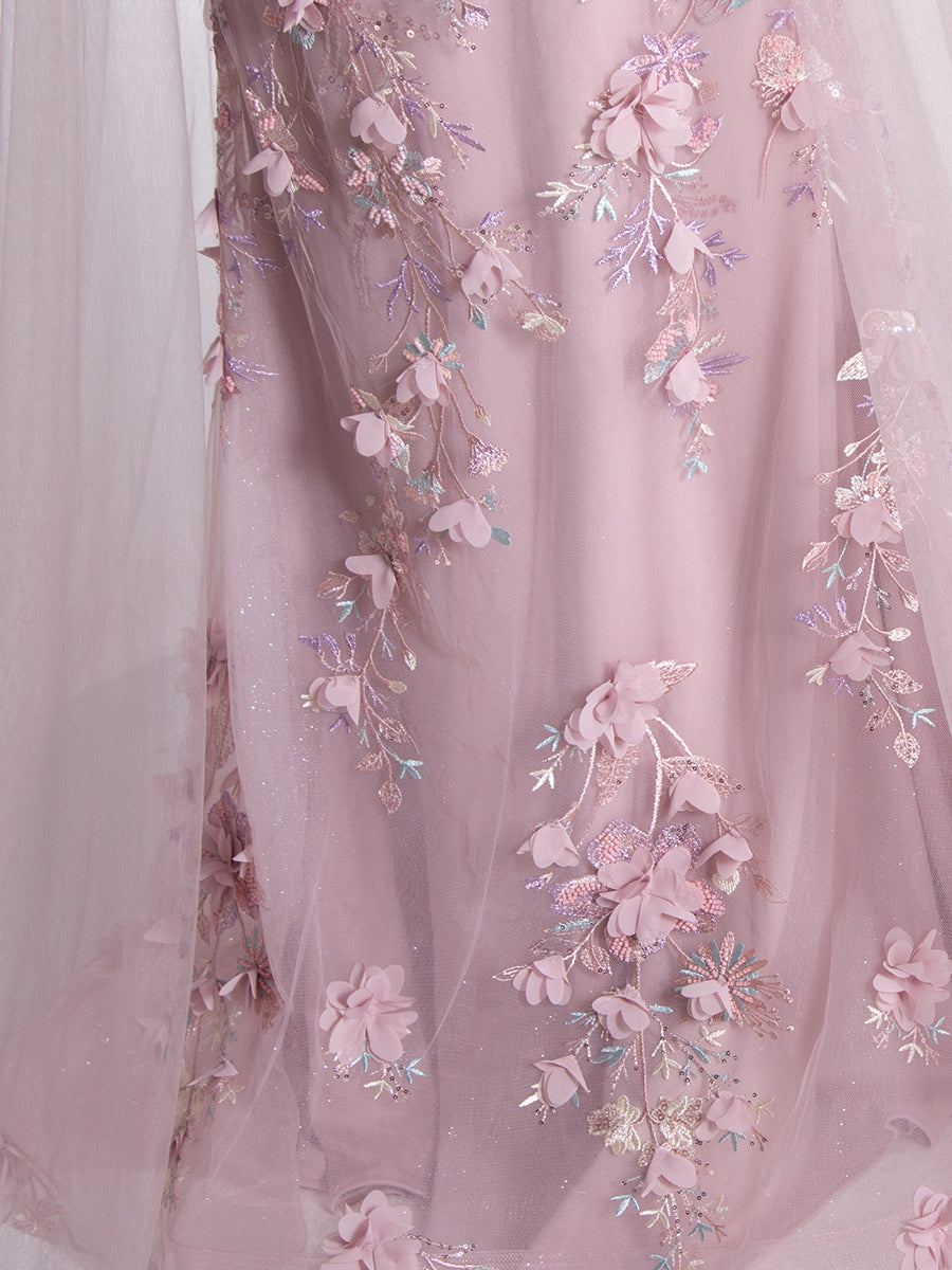 Mermaid Strapless Sweep Train 3D Flower Pink Floral Lace Prom Gown YE2530