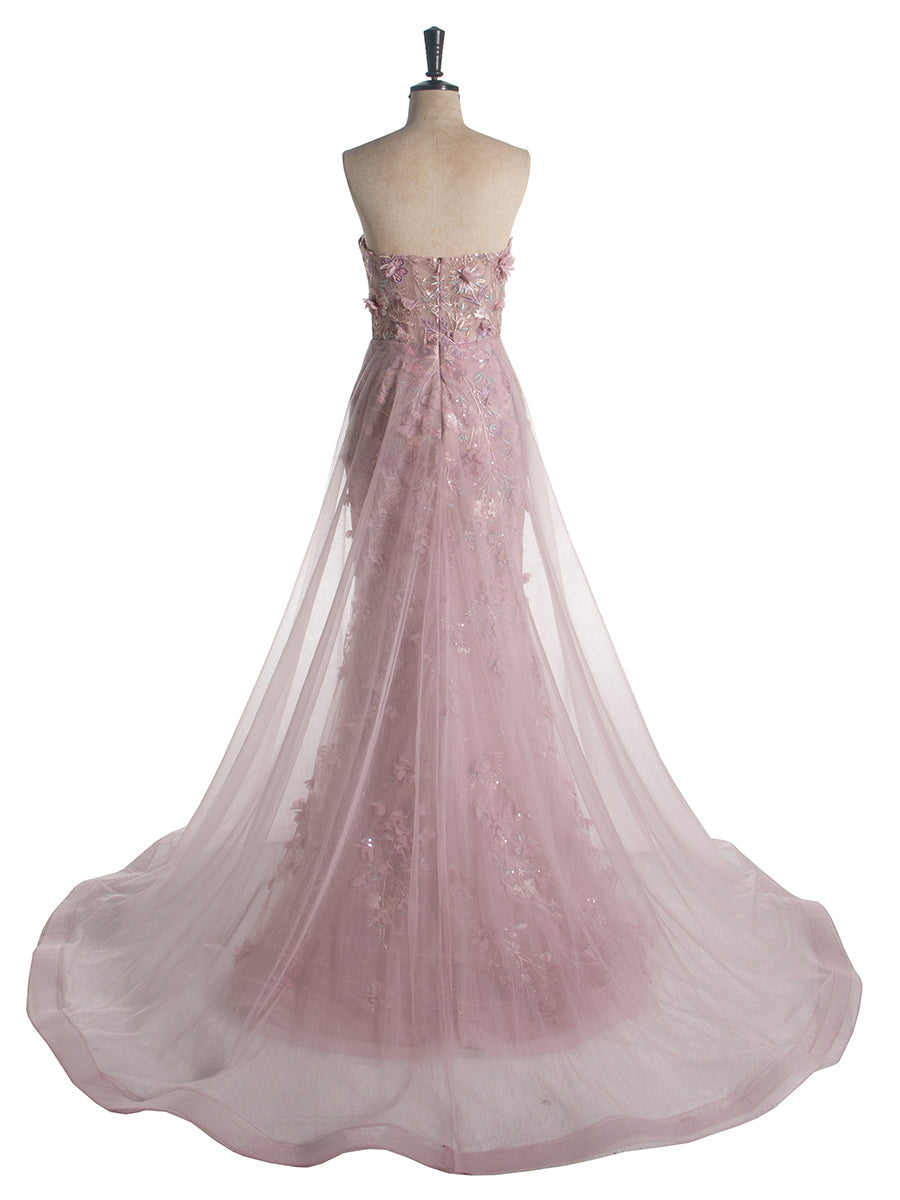 Mermaid Strapless Sweep Train 3D Flower Pink Floral Lace Prom Gown YE2530