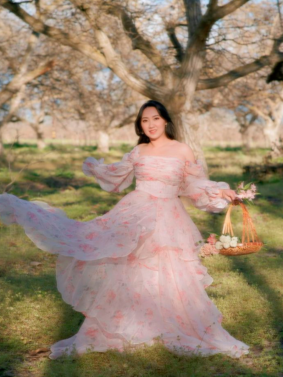 A Line Floor Length Printing Floral Prom Dress Photo Shoots Dress YW231125-2