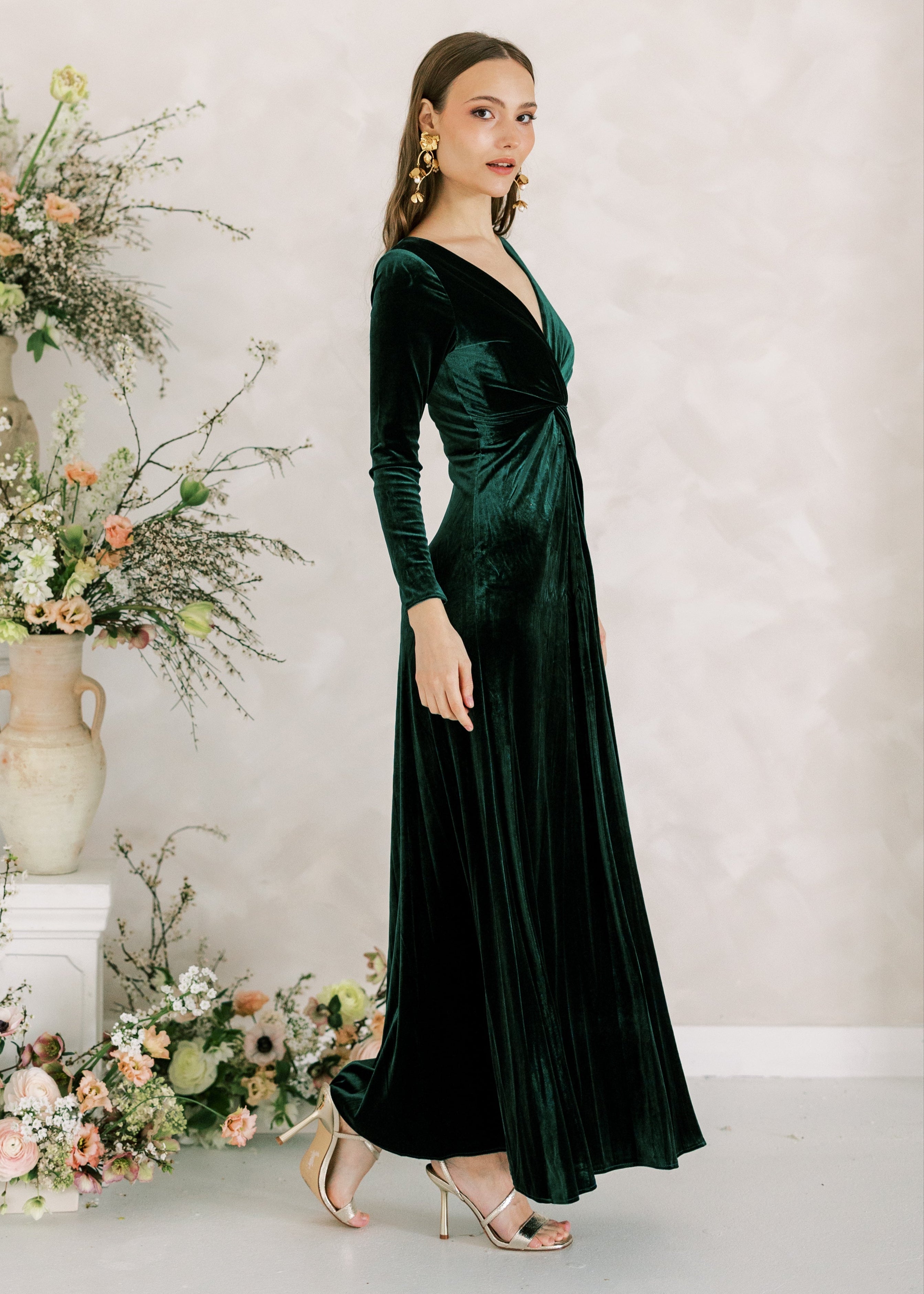 Camilla Velvet Long Sleeve Bridesmaid Dress in Forest Green