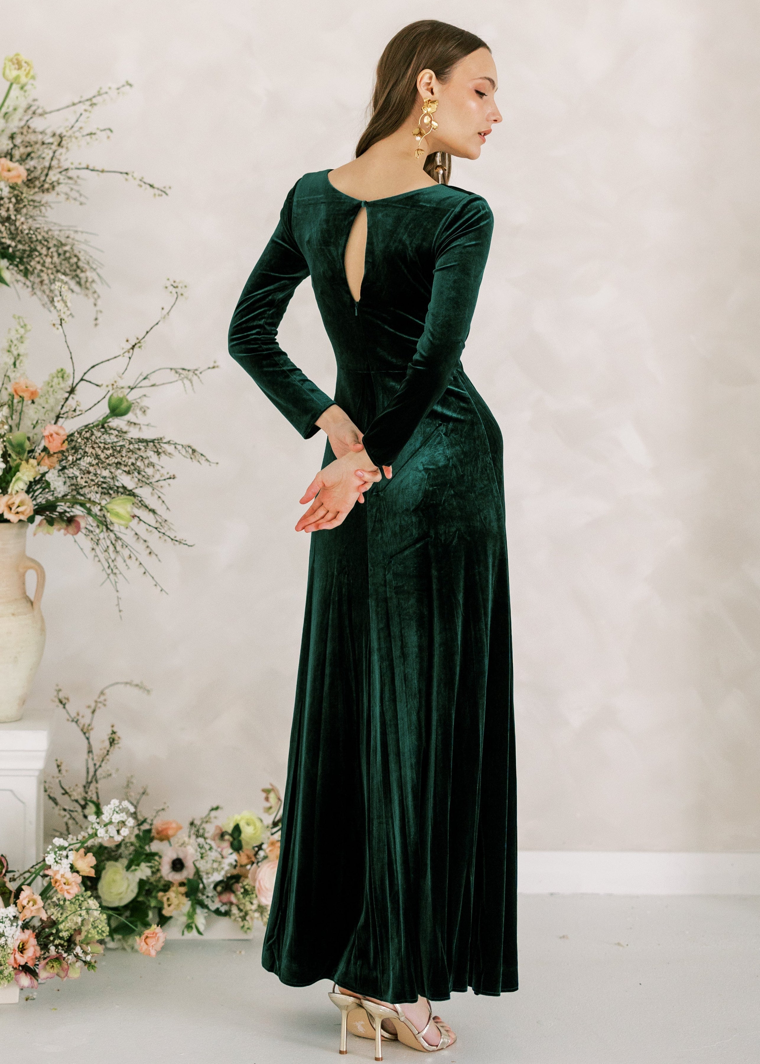 Camilla Velvet Long Sleeve Bridesmaid Dress in Forest Green
