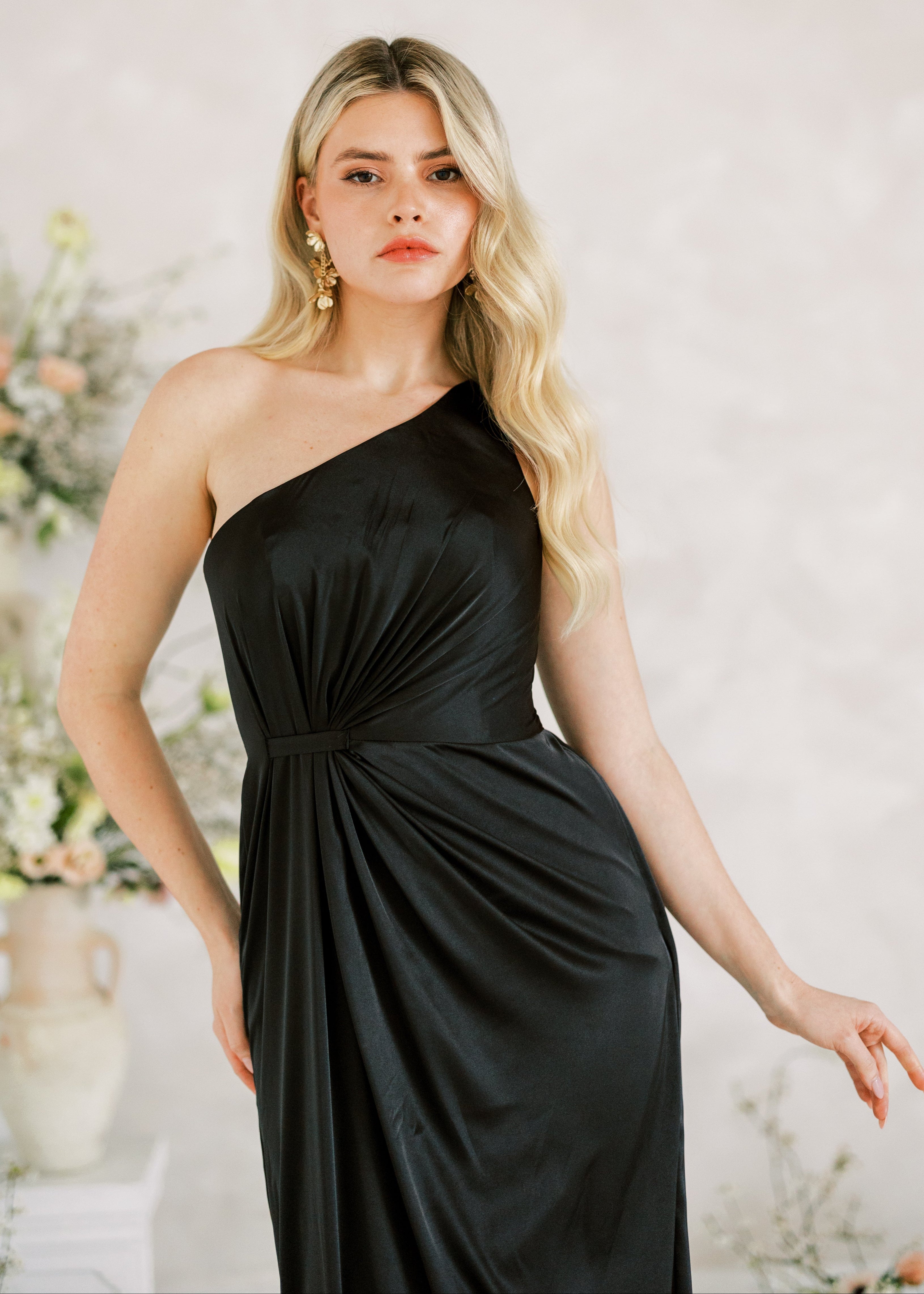 Greta Bridesmaid Dress in Black Satin