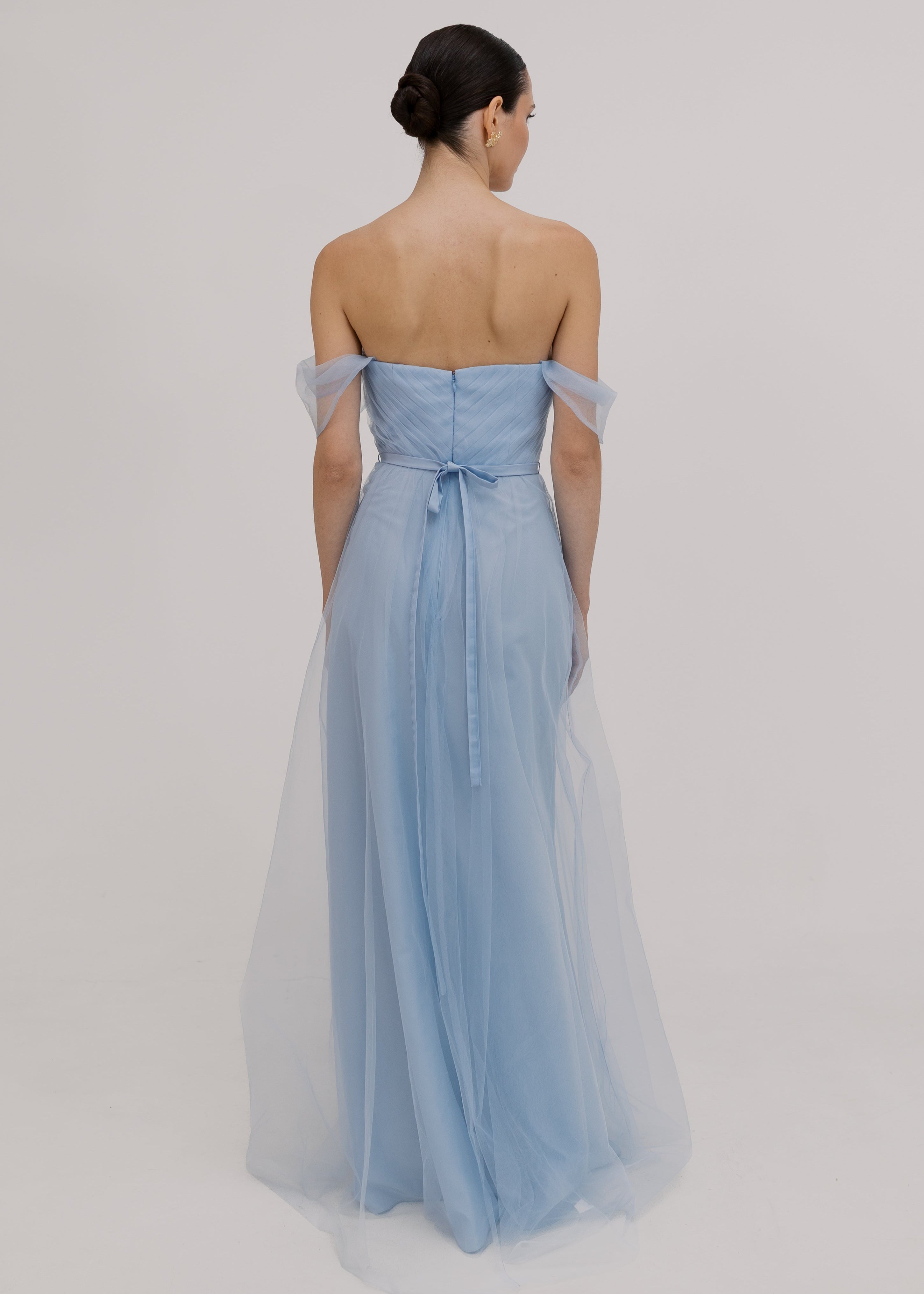 Bardot Bridesmaid Dress in Dusty Blue Tulle