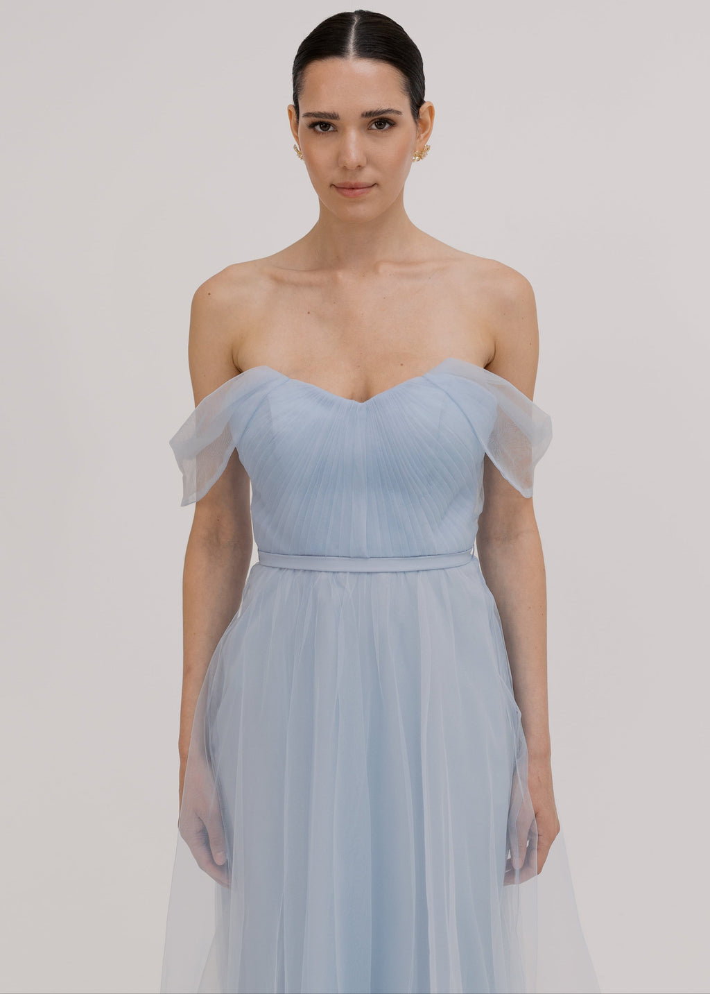 Bardot Bridesmaid Dress in Dusty Blue Tulle