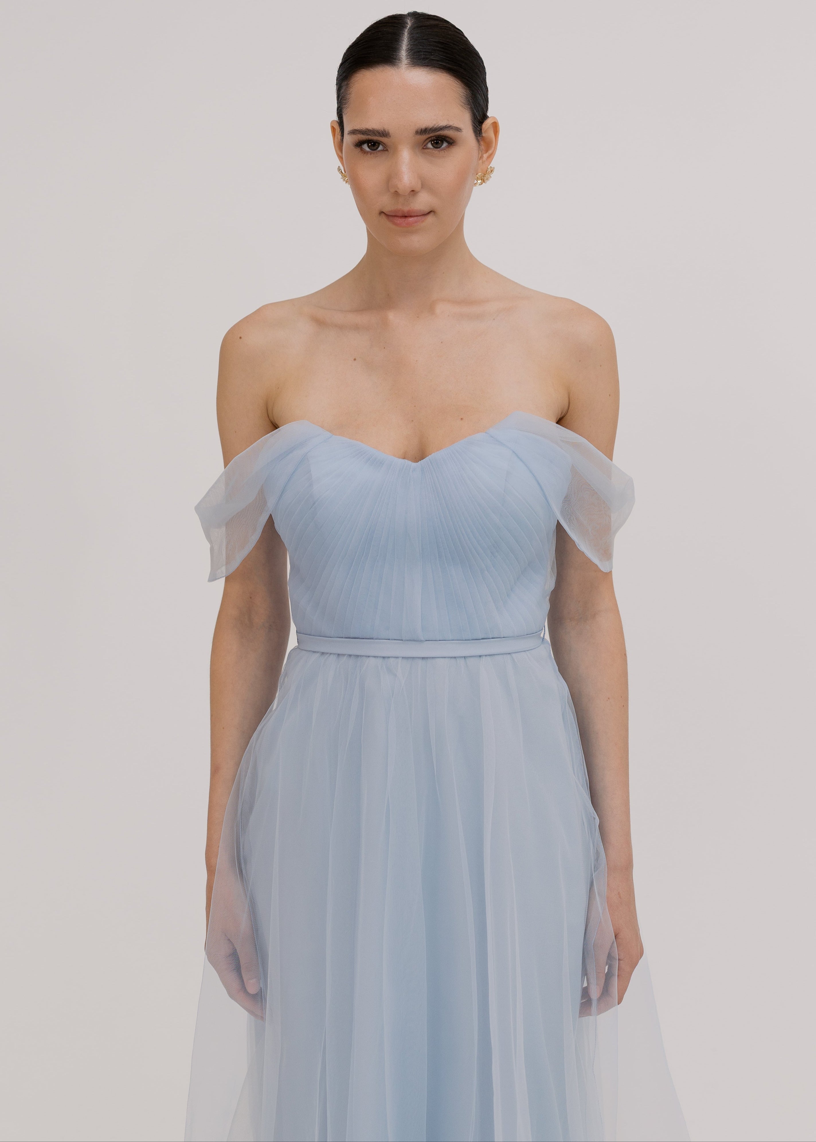 Bardot Bridesmaid Dress in Dusty Blue Tulle