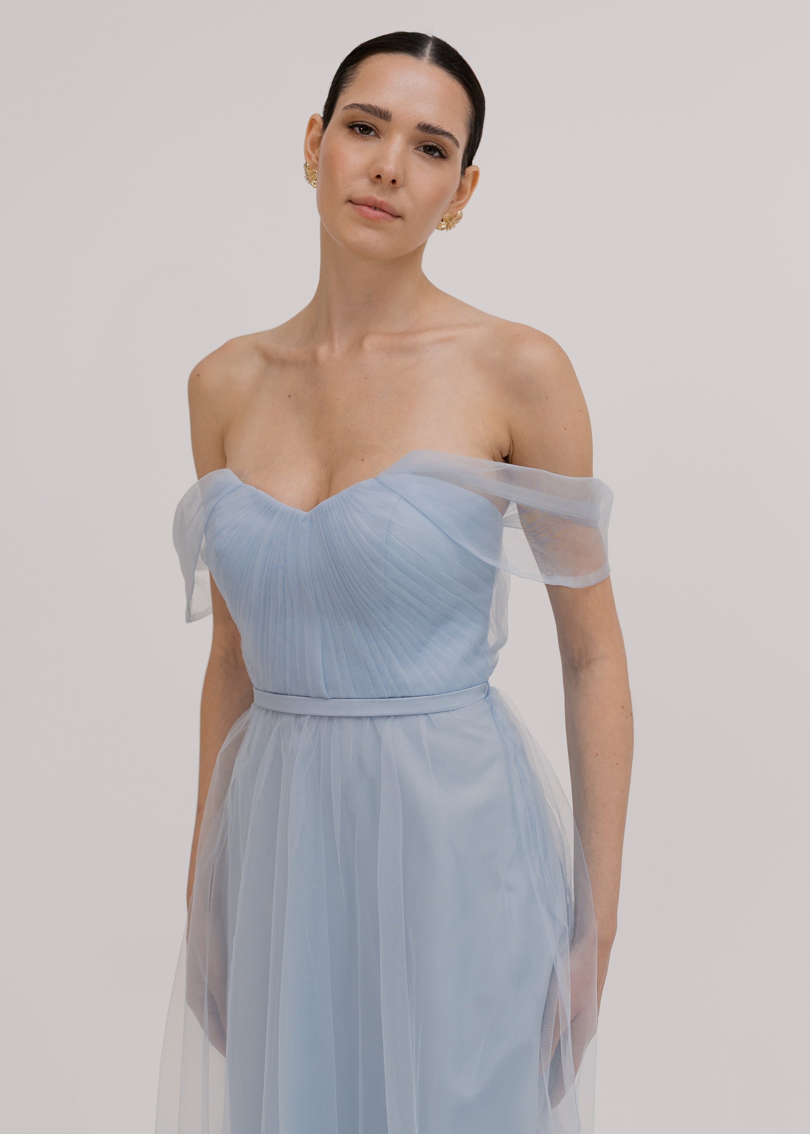 Bardot Bridesmaid Dress in Dusty Blue Tulle