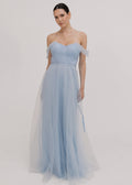 Bardot Bridesmaid Dress in Dusty Blue Tulle