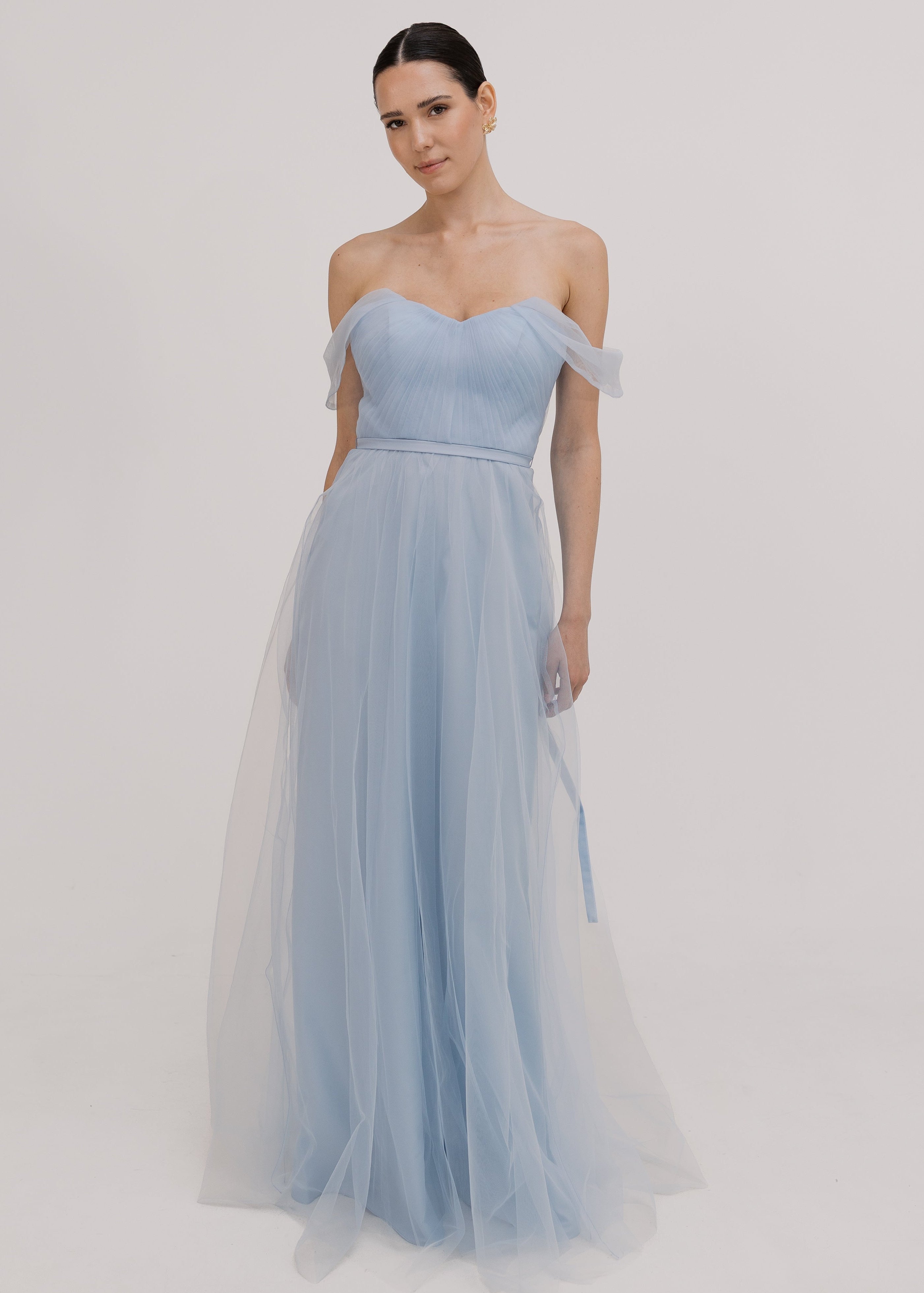 Bardot Bridesmaid Dress in Dusty Blue Tulle