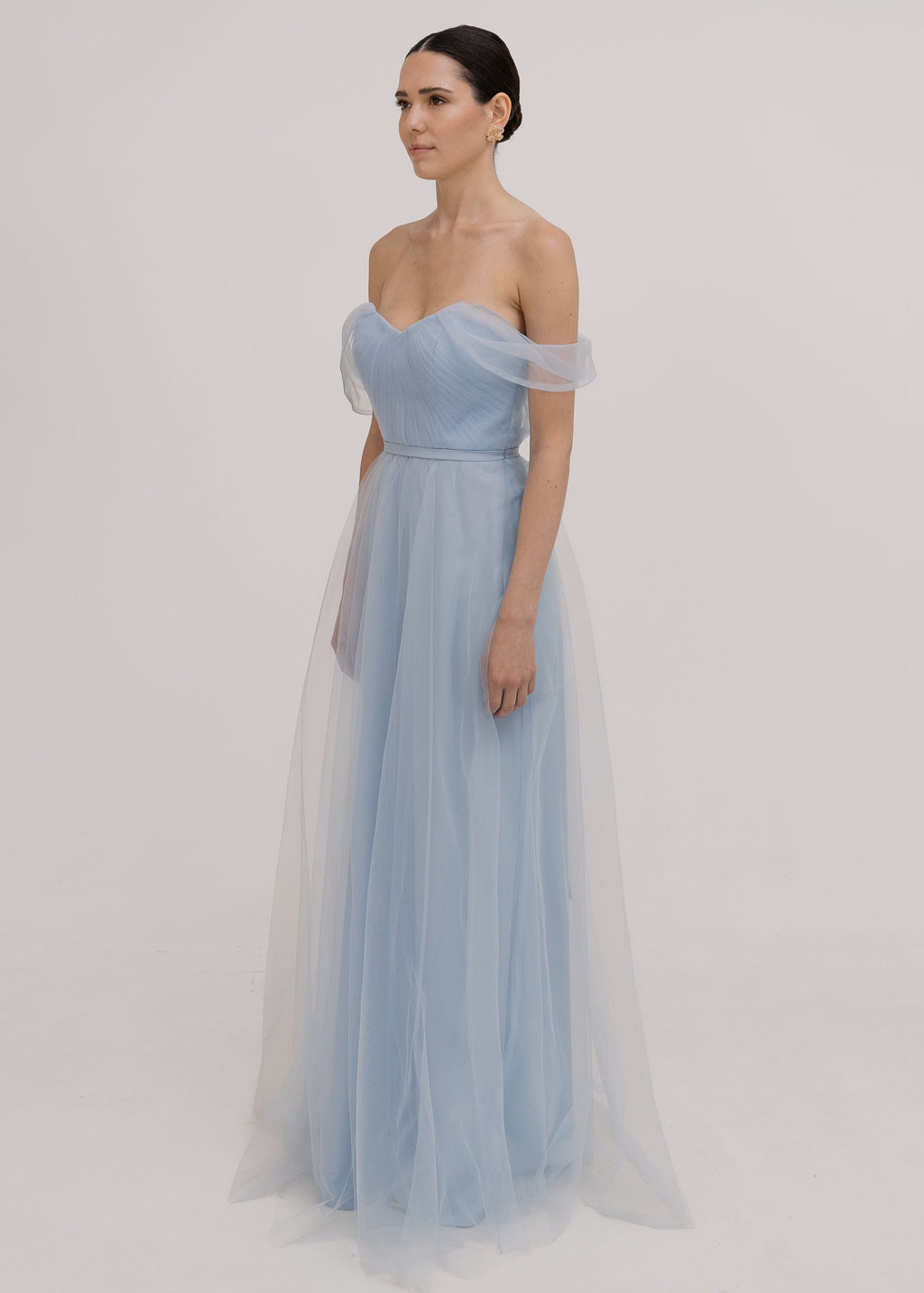 Bardot Bridesmaid Dress in Dusty Blue Tulle