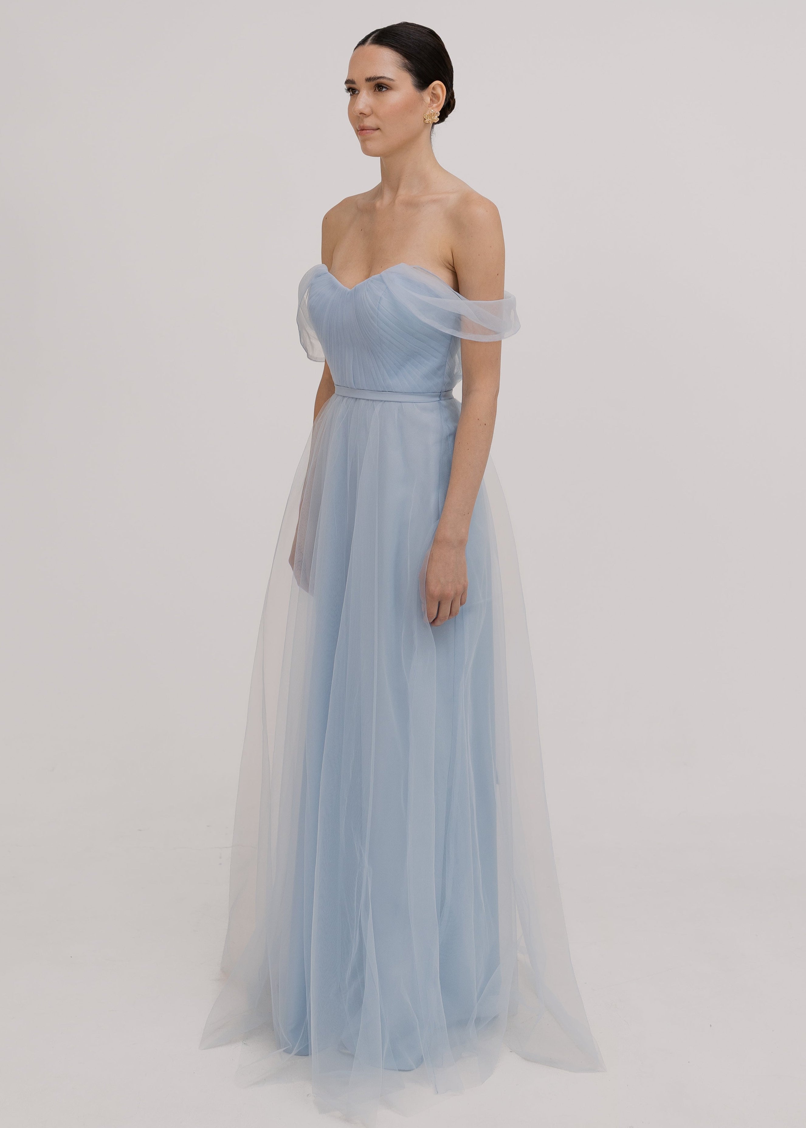Bardot Bridesmaid Dress in Dusty Blue Tulle