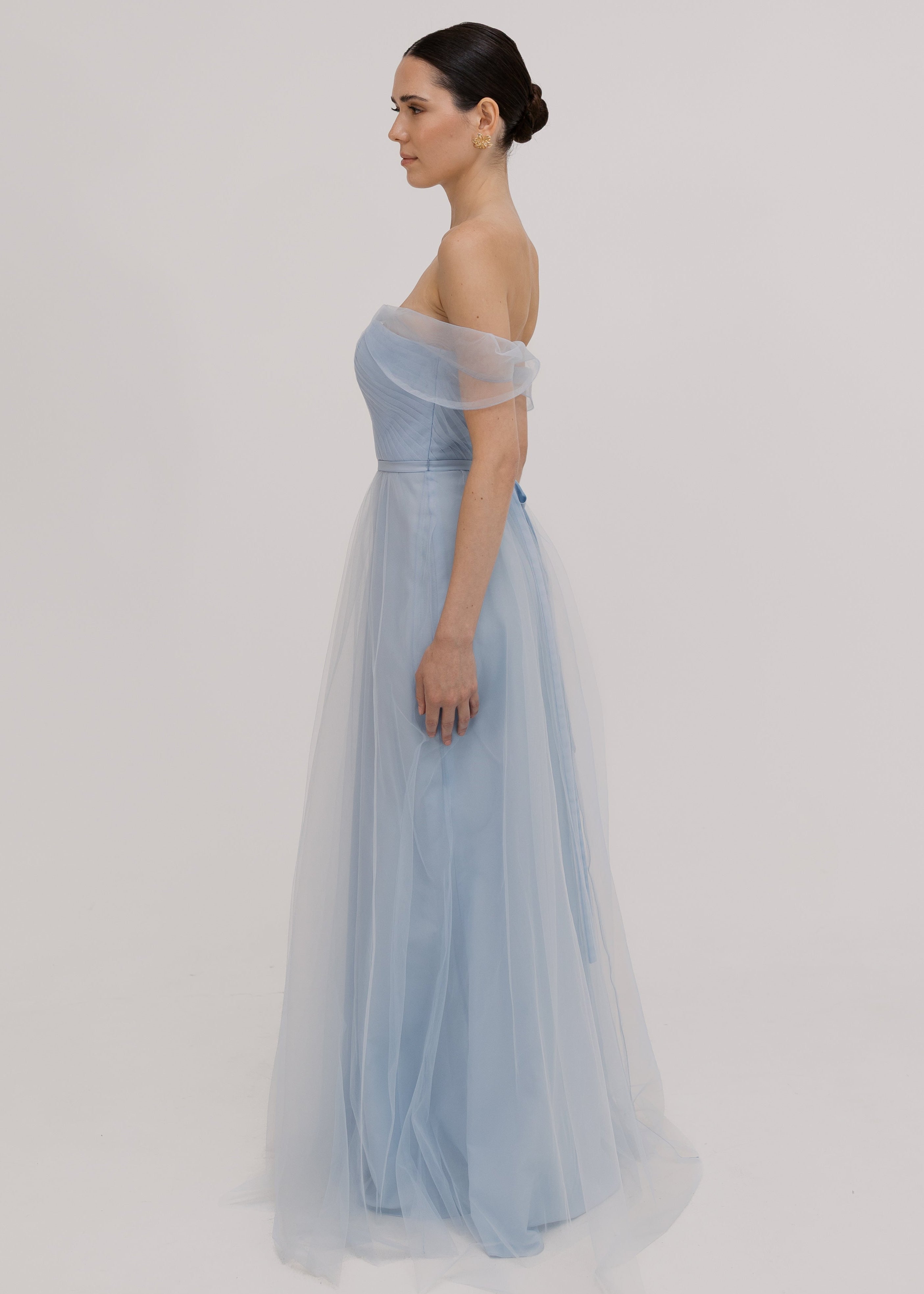 Bardot Bridesmaid Dress in Dusty Blue Tulle