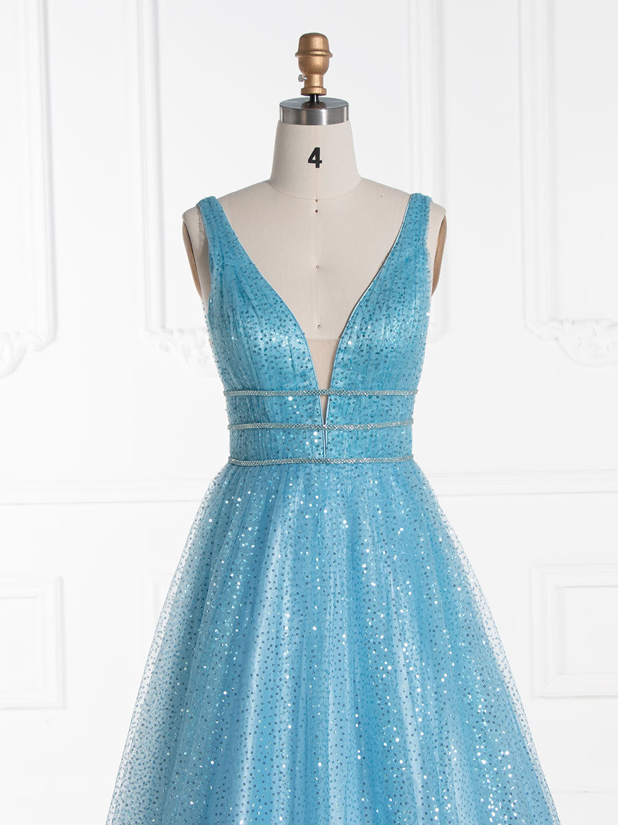 A line V Neck Long Sequin Prom Dress YE3015