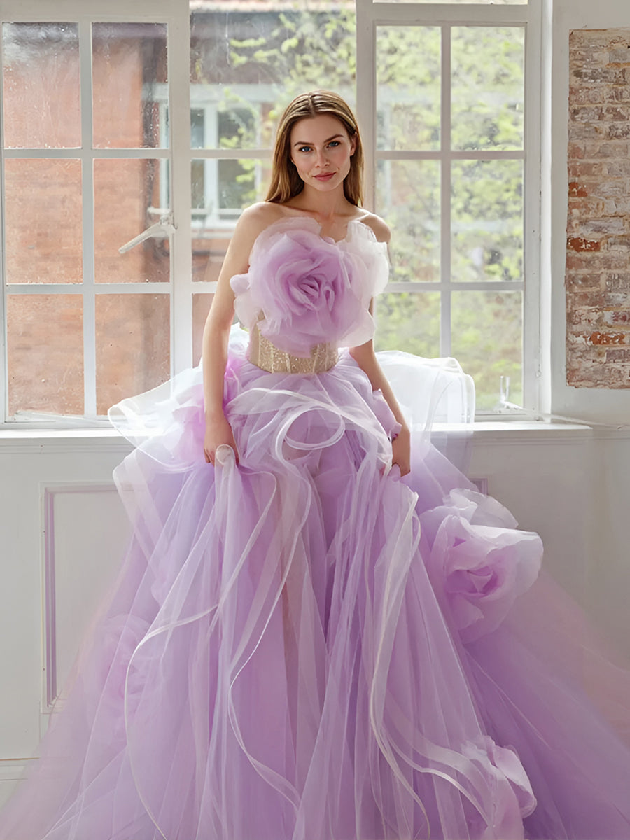 Lavender Floral Long Women Maxi Dresses To Party Bloom Ruched Organza Garden Wedding Bridal Dresses Pretty Tulle Gowns