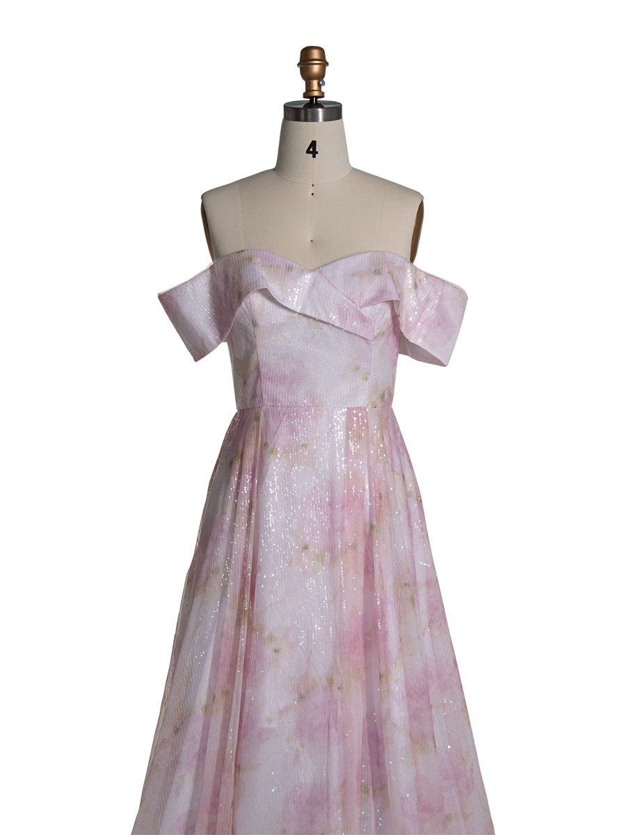 A-line Elegant Off Shoulder Pink Printed Prom Dress YE3019