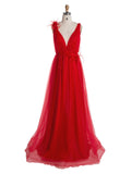 Feather-Flower Long Red Tulle Prom Dress YE3016