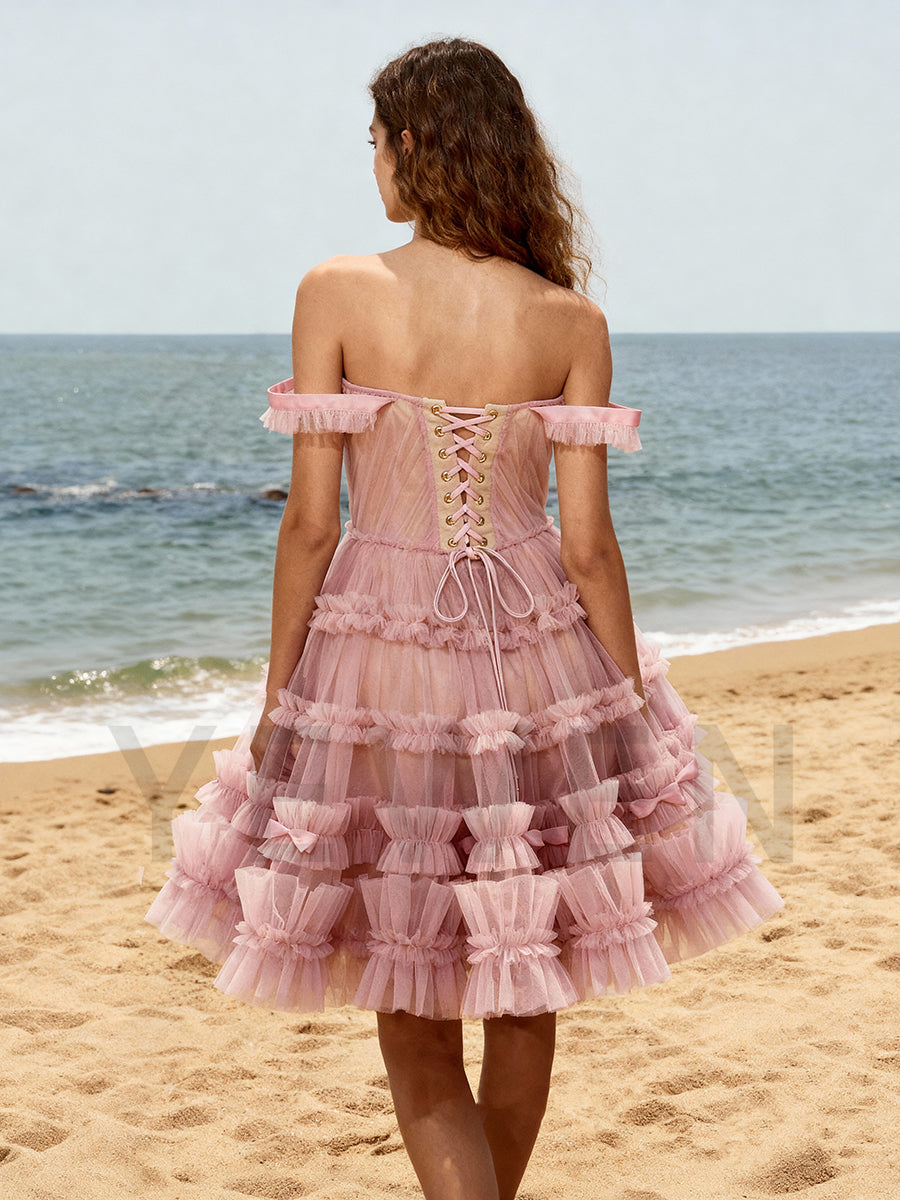 Dusty Pink Short Prom Dress Tulle Holiday Mini Nigh Party Dress