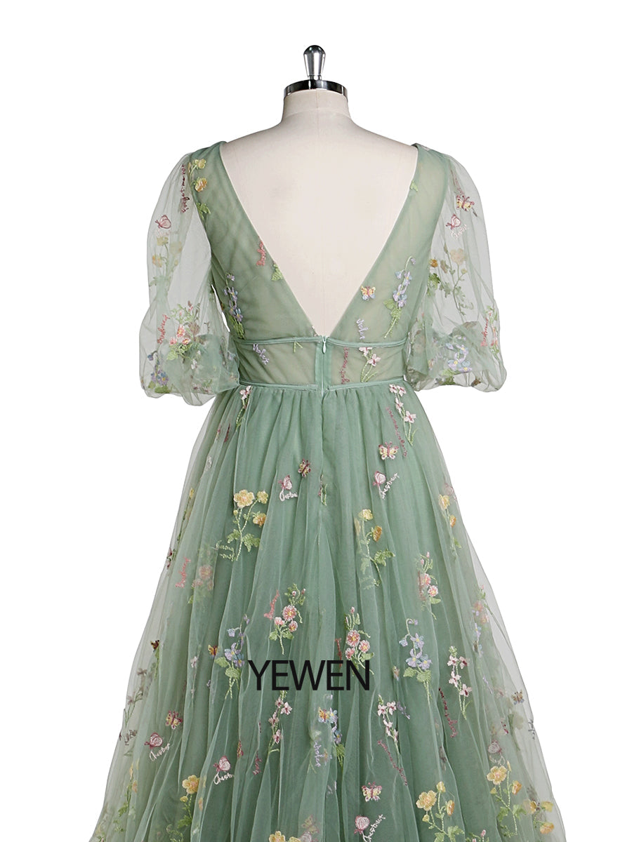 V-Neck Embroidery Tulle Pastoral Colored Wedding Dresses Occasion Dress YEWEN YW220324