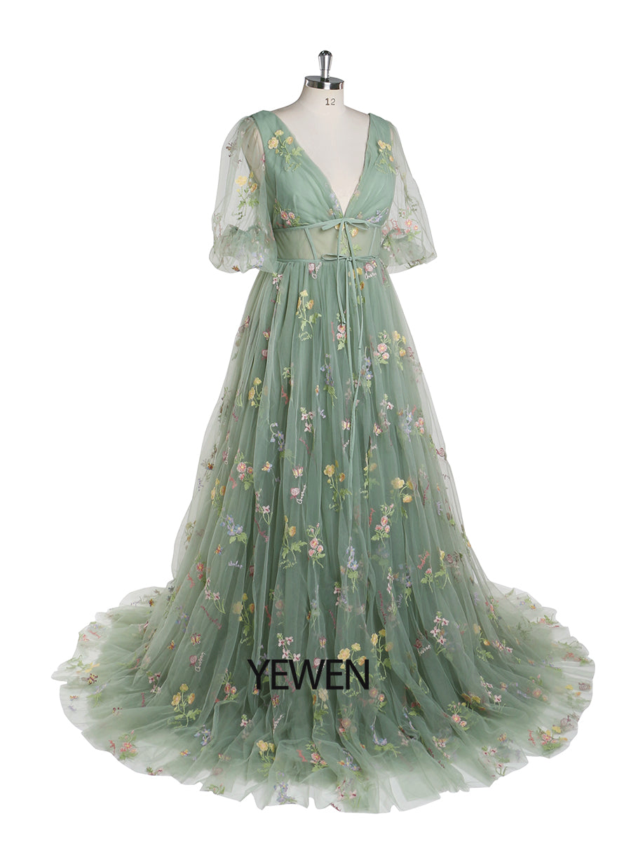 V-Neck Embroidery Tulle Pastoral Colored Wedding Dresses Occasion Dress YEWEN YW220324