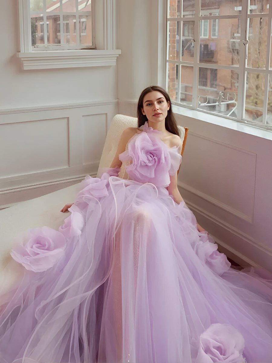 Lavender Floral Long Women Maxi Dresses To Party Bloom Ruched Organza Garden Wedding Bridal Dresses Pretty Tulle Gowns