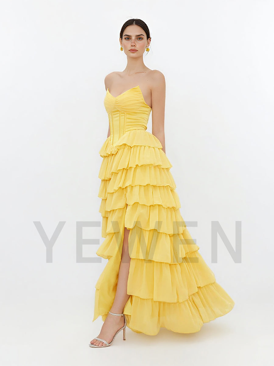 A Line Tiered Prom Dress V Neck Evening Dress Side Slit Formal Party Gown