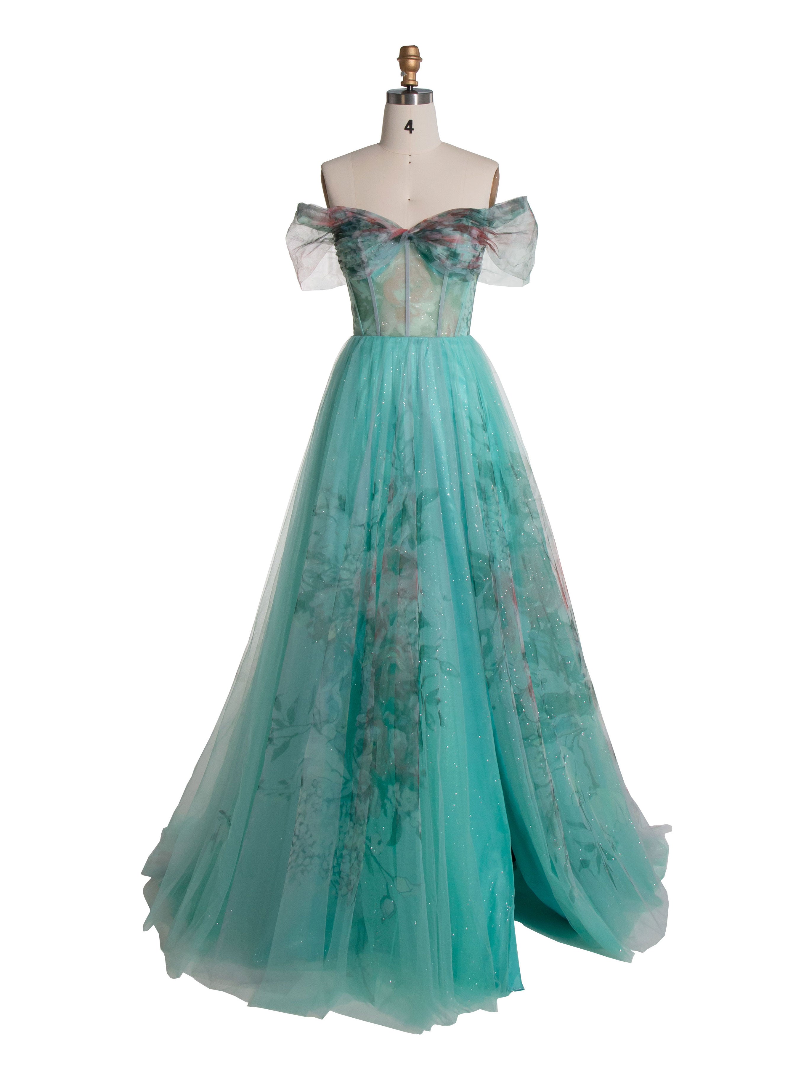 Elegant Aqua Floral Printed Off-Shoulder Prom Dress YE3022