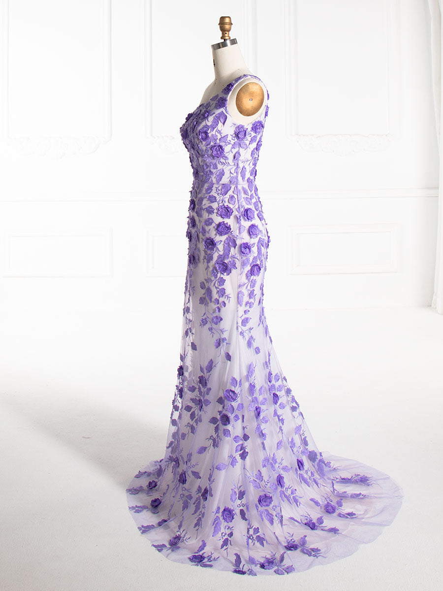 Mermaid One Shoulder Purple Embroidery Lace Prom Dresses YE3007