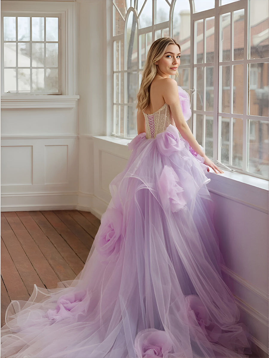Lavender Floral Long Women Maxi Dresses To Party Bloom Ruched Organza Garden Wedding Bridal Dresses Pretty Tulle Gowns