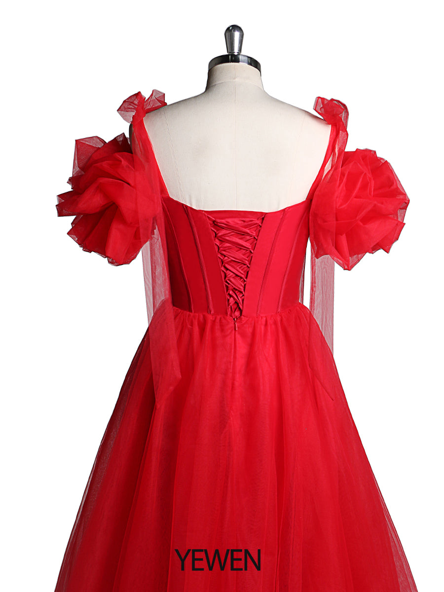 Ruffle Cap Sleeve Sweatheart Neckline Side Slit Prom Dresses Christmas Party Dress