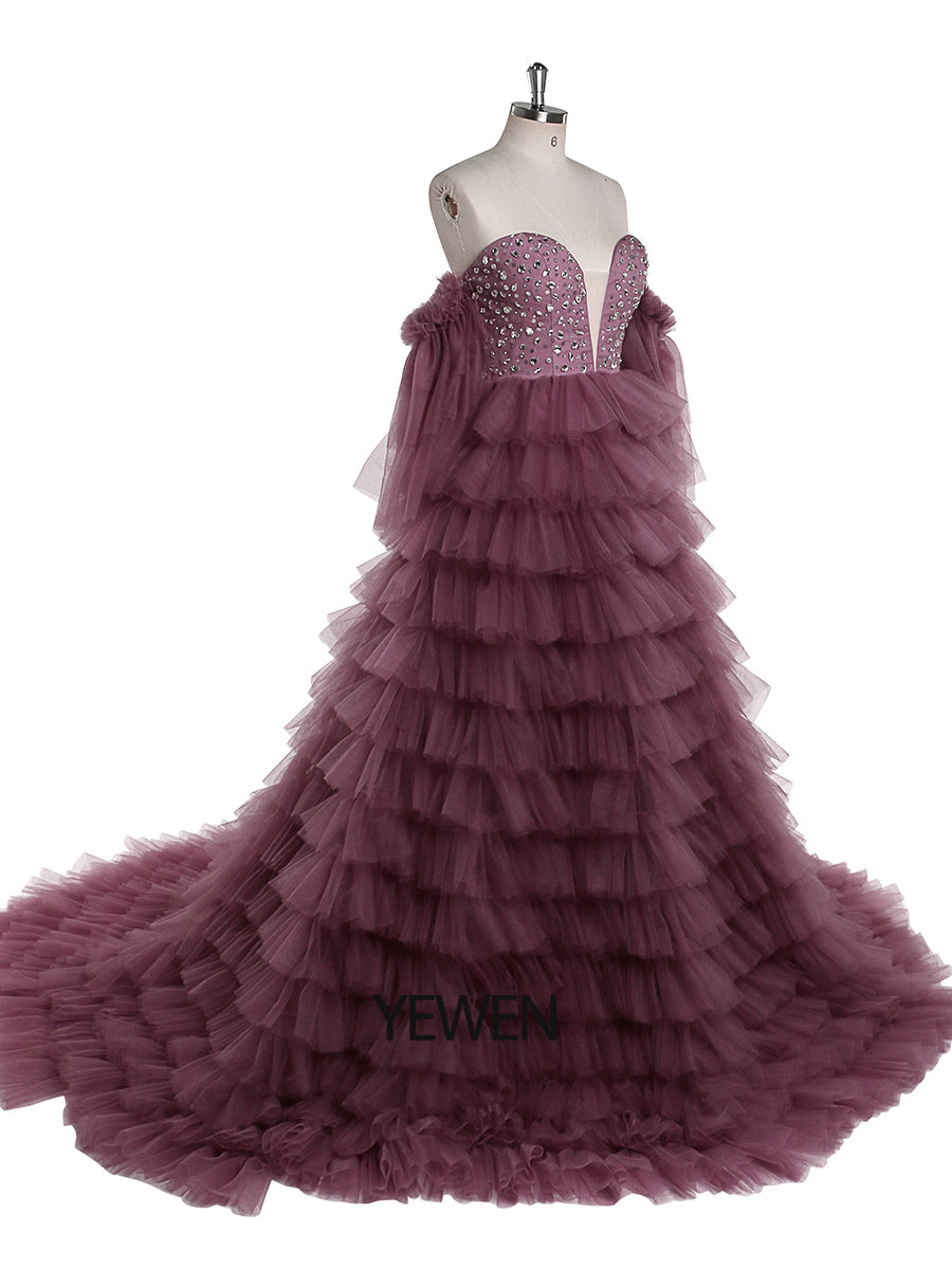 Crystal Beading Tulle Tiered Long Colorful Wedding Dress Photography Dresses YW220705