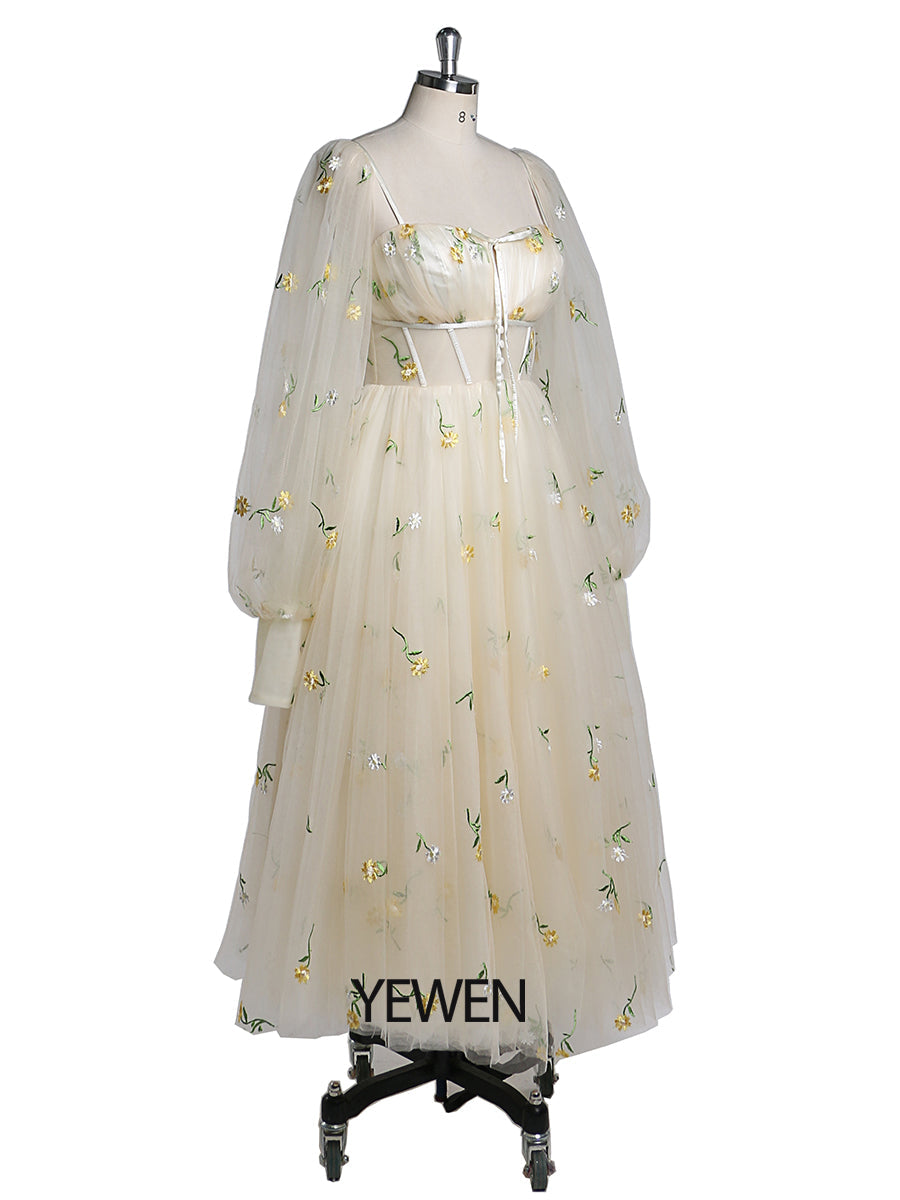 Embroidery Long Puffy Sleeve Tulle Tea Party Dresses YEWEN YW220323