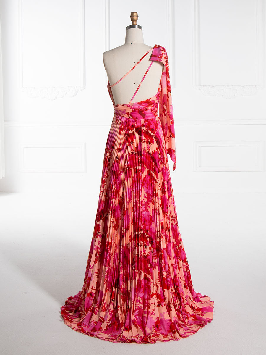 A-line Asymmetrica Red Printed Pleated Prom Party Dresses Floor Length YE3004
