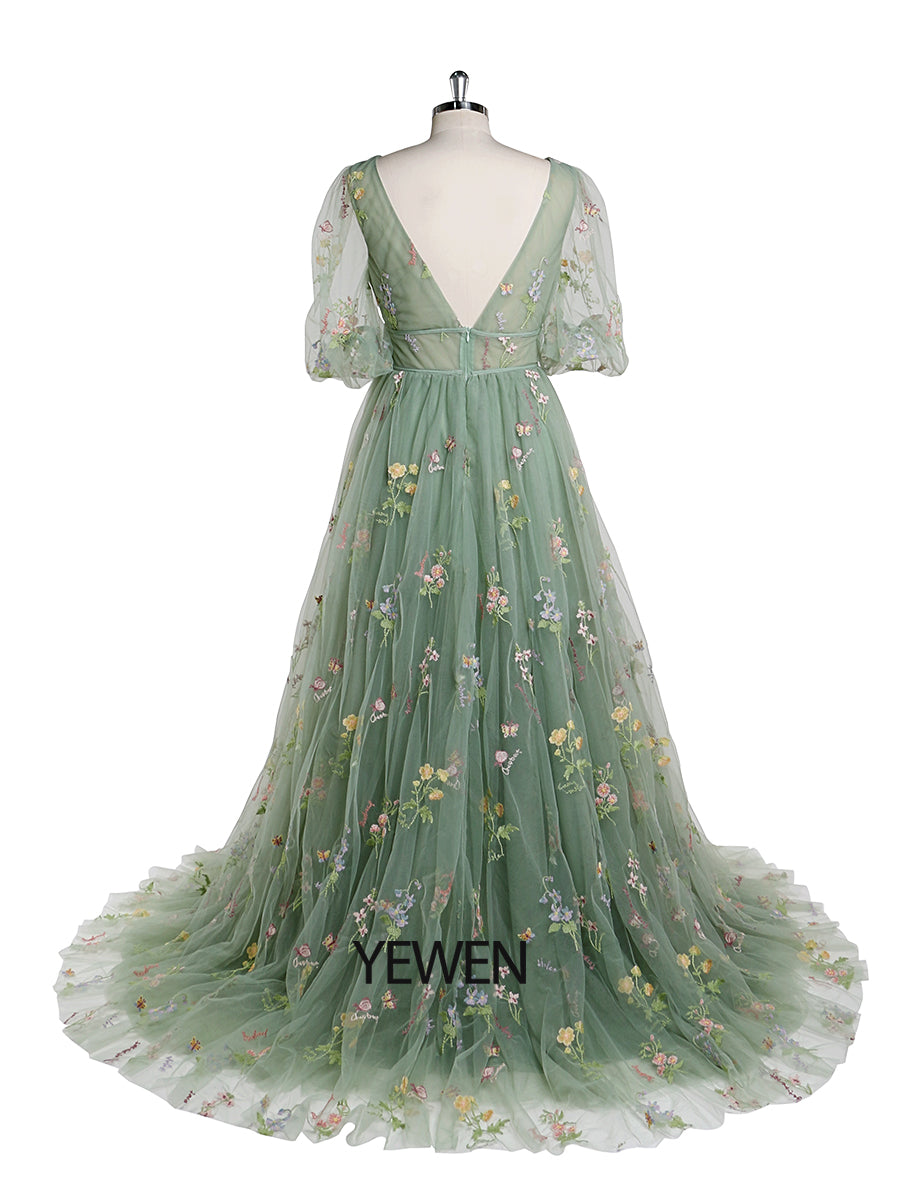 V-Neck Embroidery Tulle Pastoral Colored Wedding Dresses Occasion Dress YEWEN YW220324