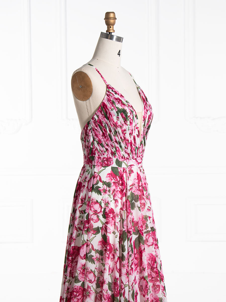 A Line V Neck Printed Prom Dresses Floor Length YE3003