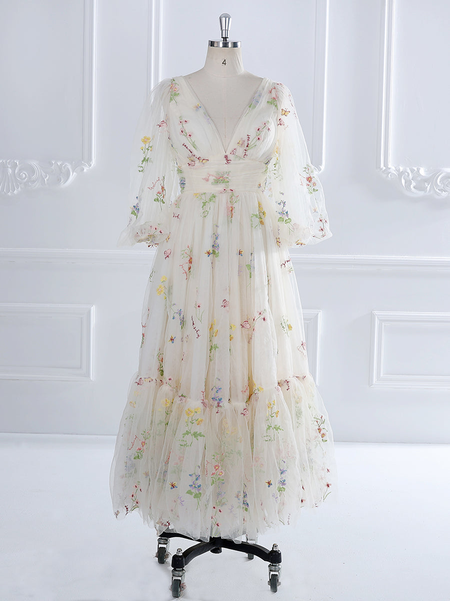 V-Neck Embroidery Tulle Puffy Sleeves Tea Party Dresses YEWEN YW231050