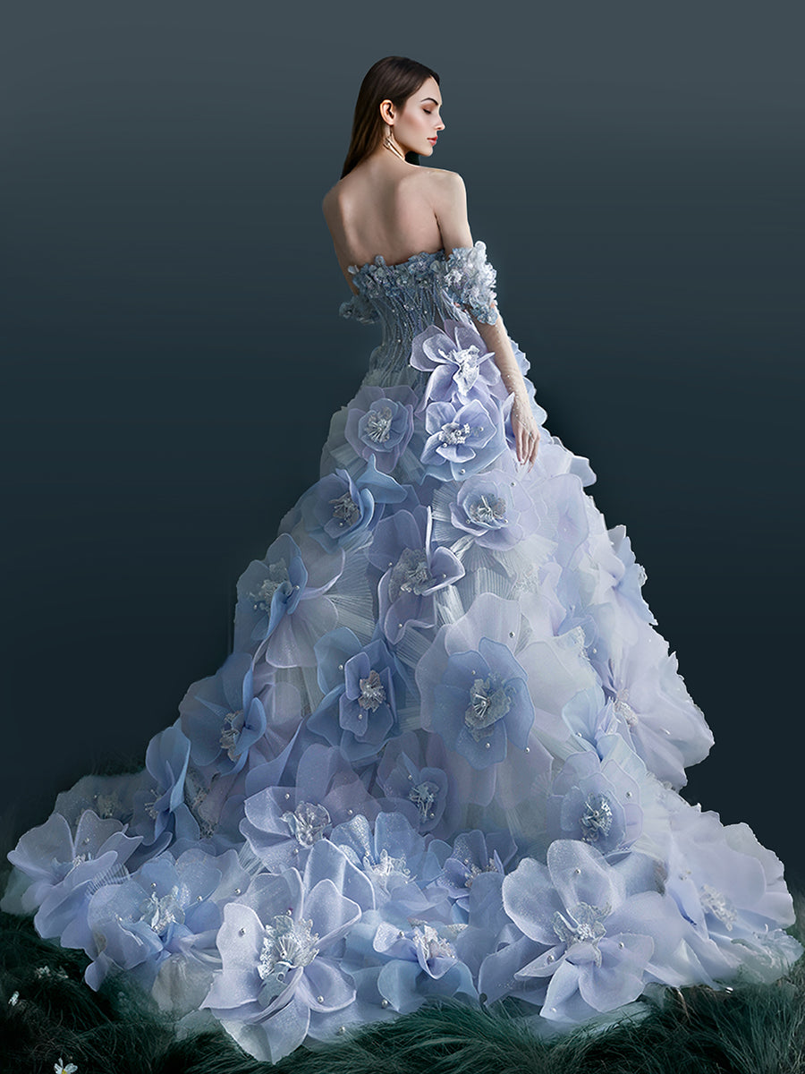 Custom Made Luxury Crystal Handmade Flowers Dress Beading Women Princess Wedding Birthday Party Pageant Gown