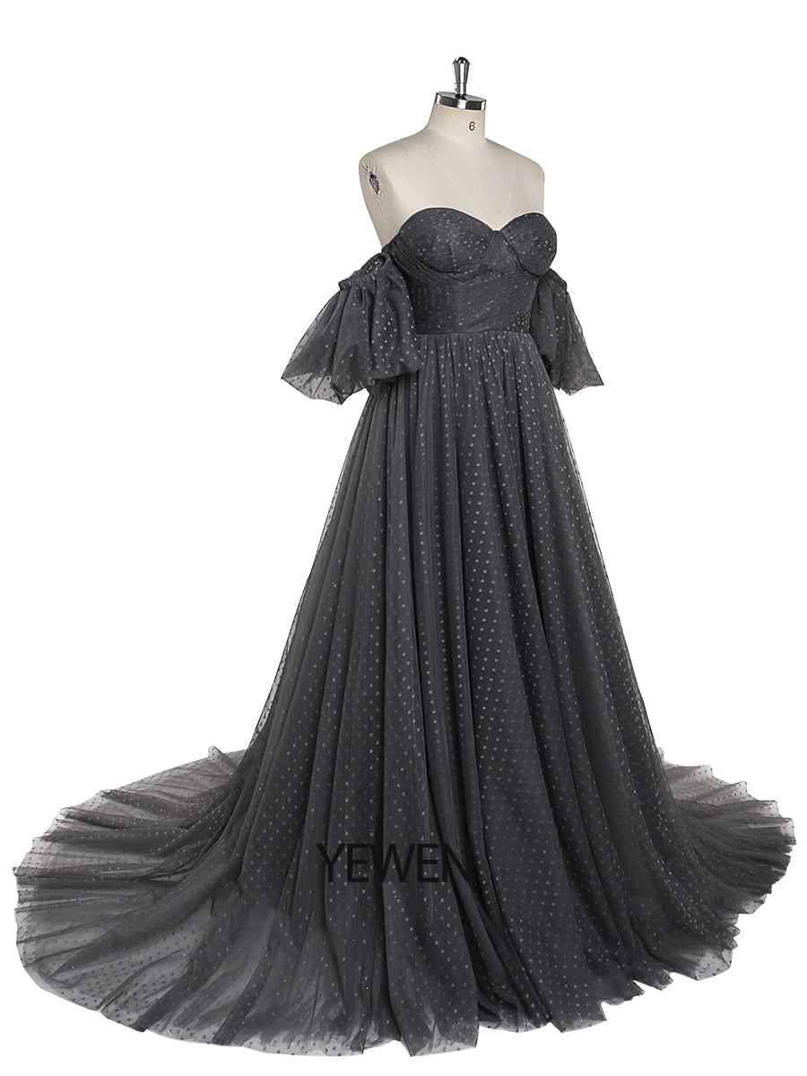 Dot Tulle Dress Long Elegant Off Shoulder Prom Party Dress Fancy Photography Gowns
