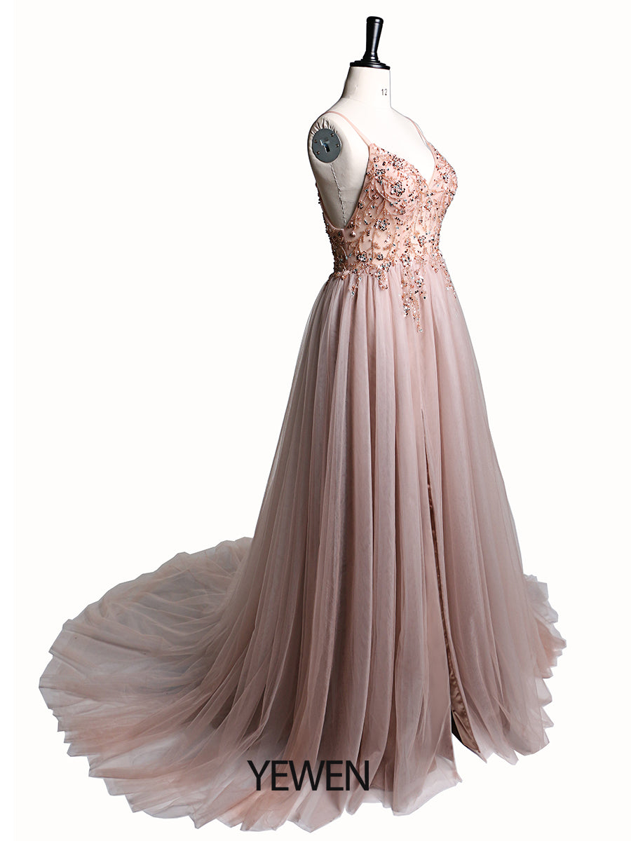 Sexy Party Dress Beaded Spaghetti Strap Backless Tulle Maxi Dress 60cm Train