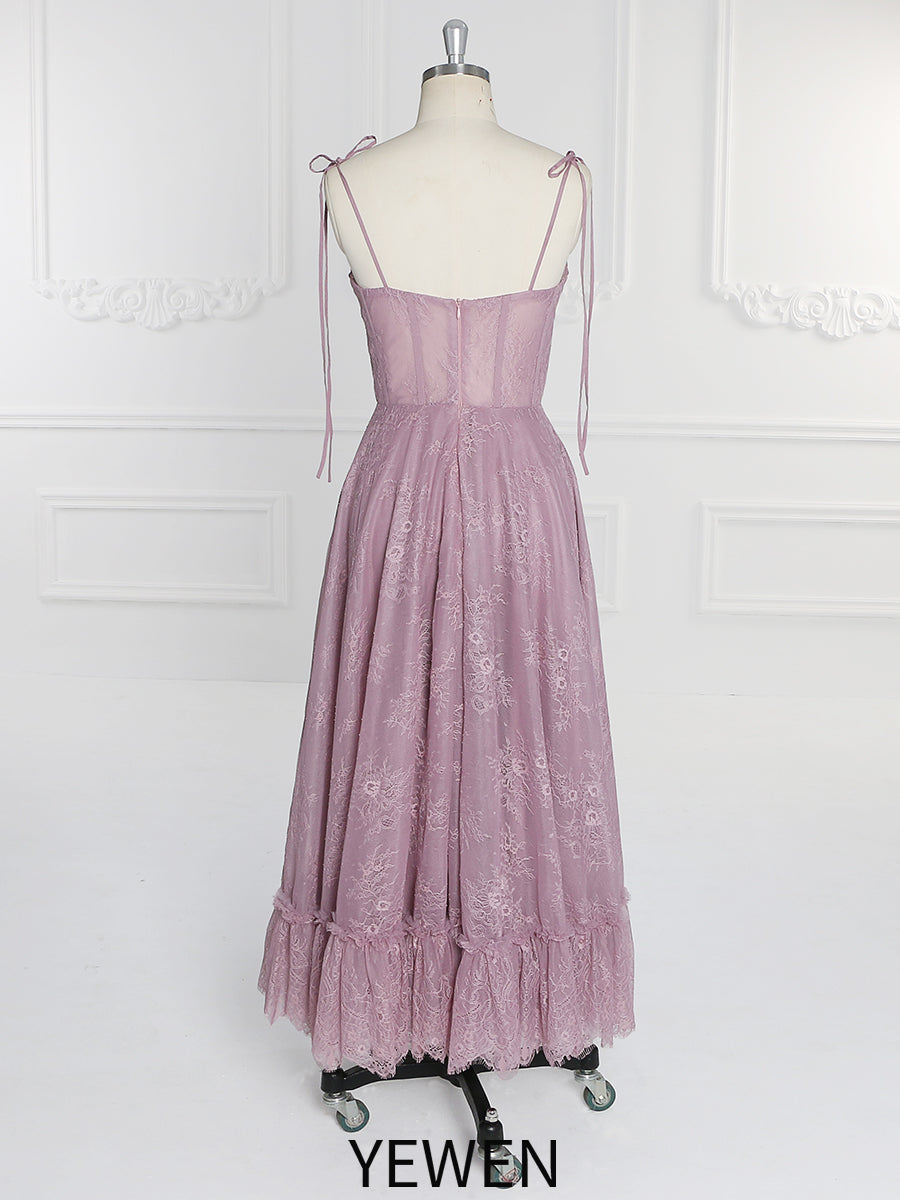 Dusty Pink Lace Prom Dress Homecoming Dress for Girls Tea Length Formal Dresses YW231089