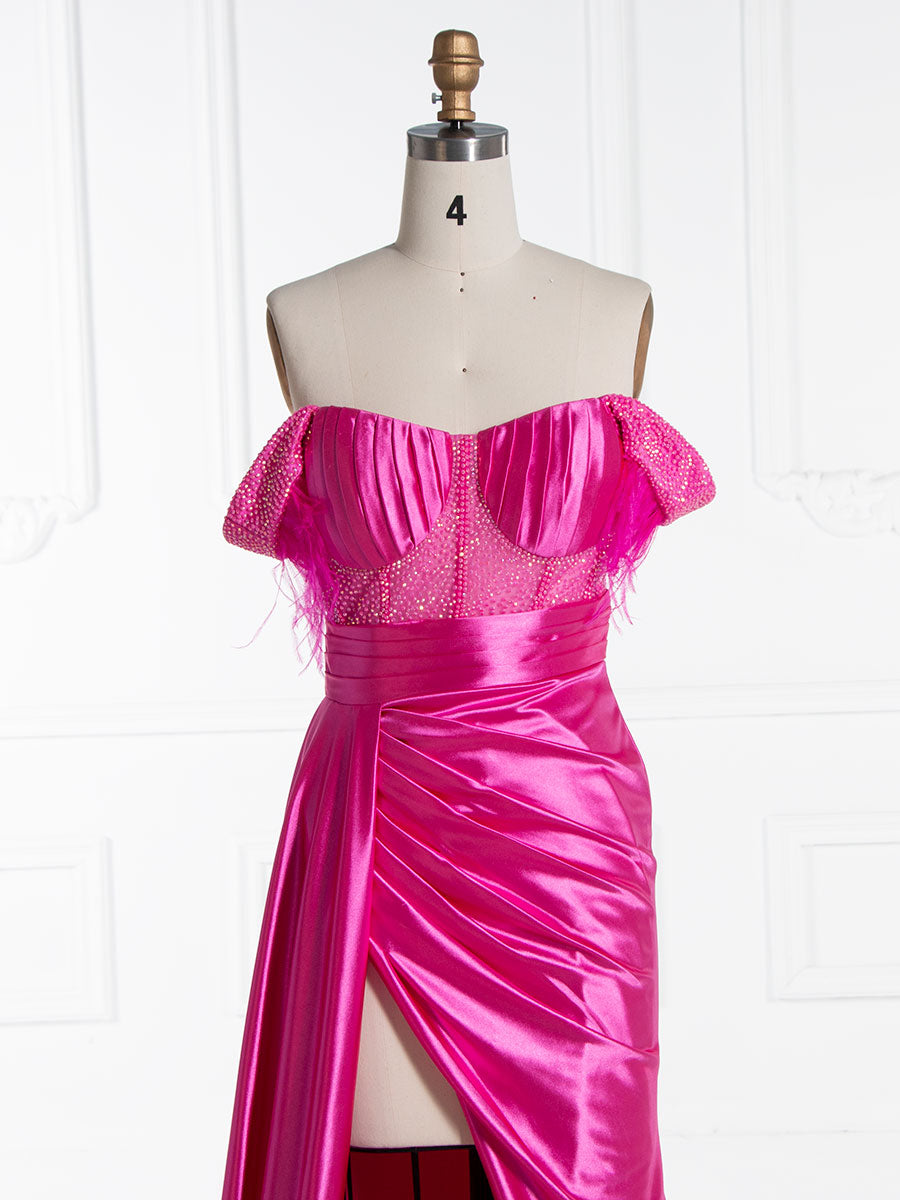 Trumpet/Mermaid Off Shoulder High Leg Slit Satin Prom Dresses YE3014