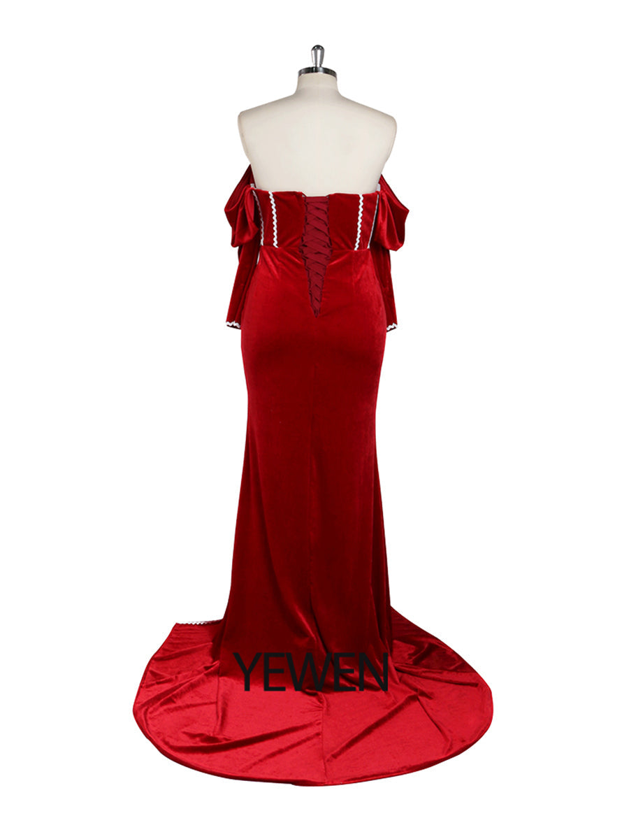 Long Sleeve Off Shoulder Red Velvet Mermaid Prom Dress Side Slit Photo Shoot Dress YW230747