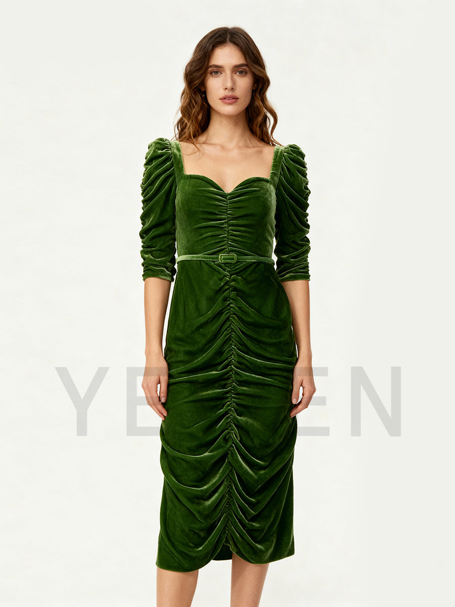 Blue Velvet Women's Evening Gown Midi Length Party Dress