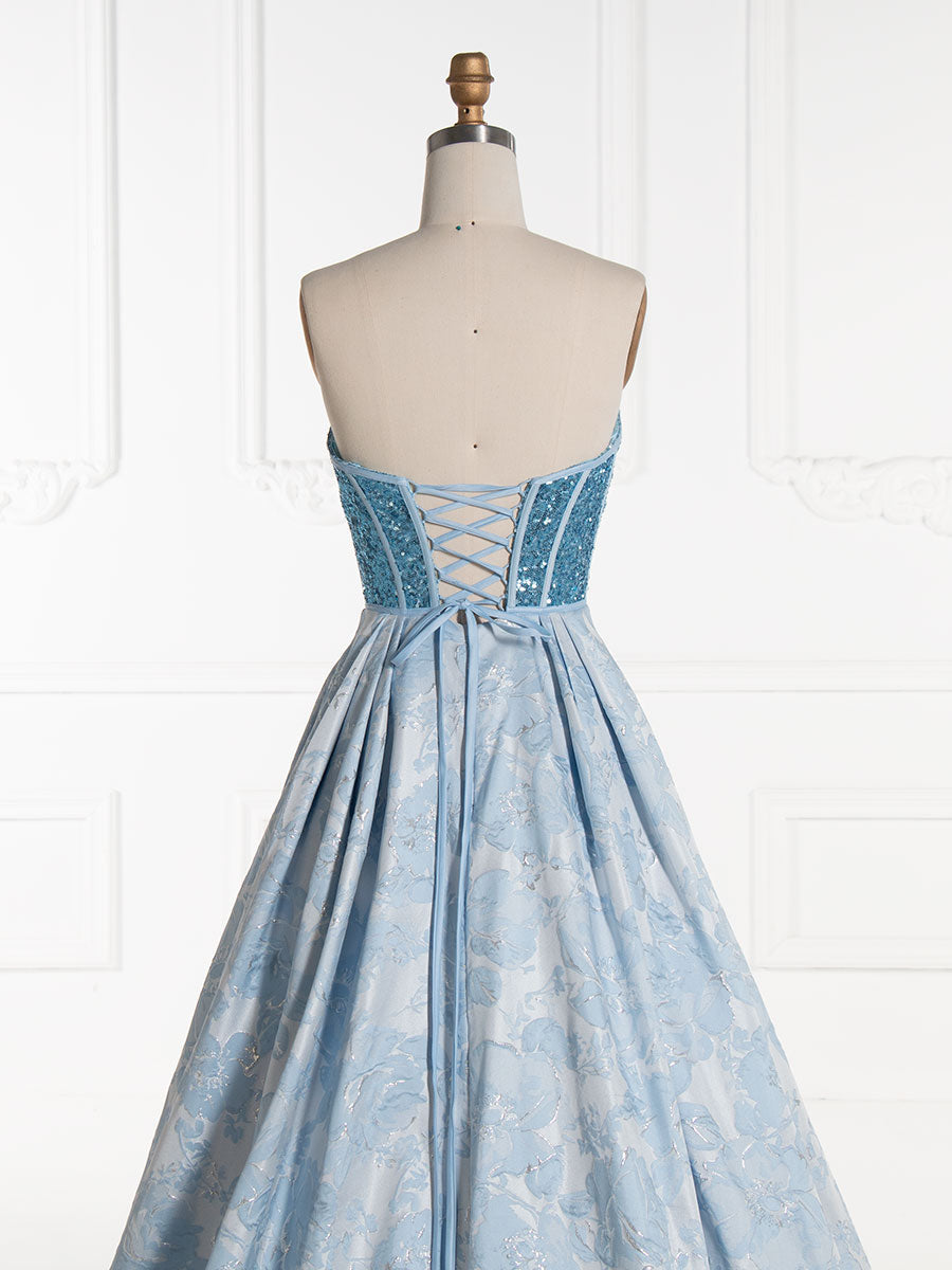 Elegant Sweetheart Blue Sequin Corset Top Jacquard Long Prom Dress YE3011