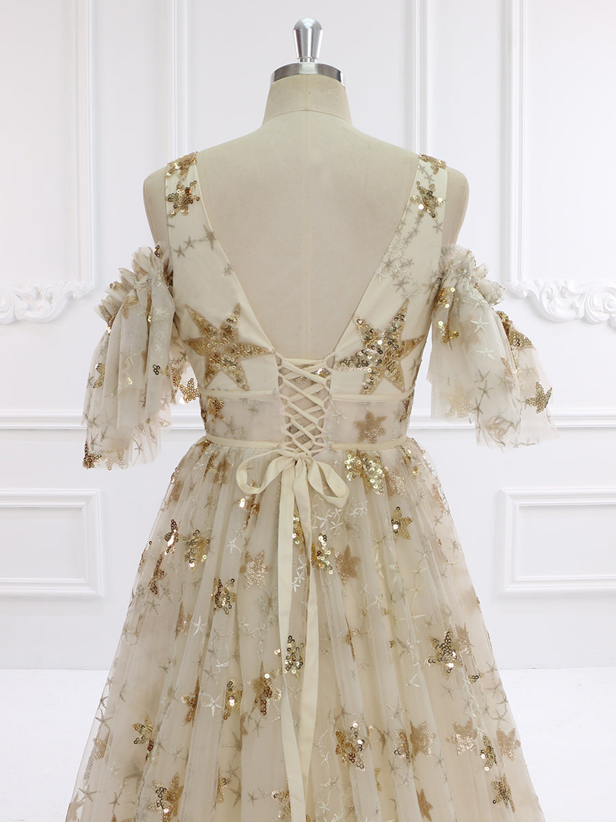 V-Neck Sequin Star Champagne Color Wedding Dress Elegant Ladies Beach Ball Dress 60cm Train YW240073