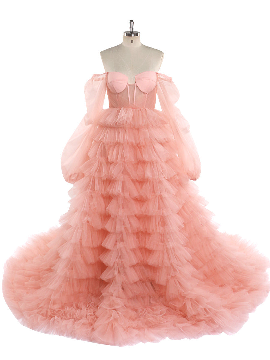 Off Shoulder Tulle Tiered Pink Prom Dress Wedding Dress Photo Shoot Gowns YW220828