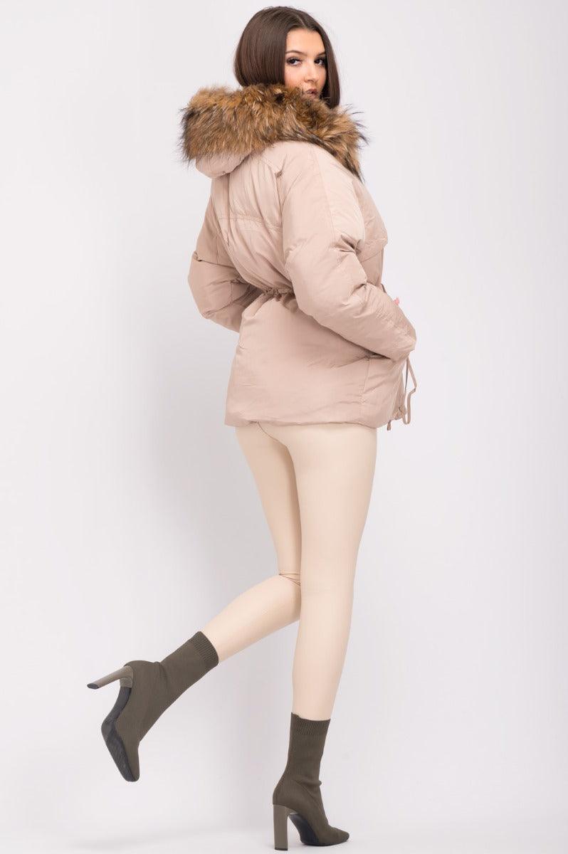 Beige Luxury Fur Padded Stopper Drawstring Coat