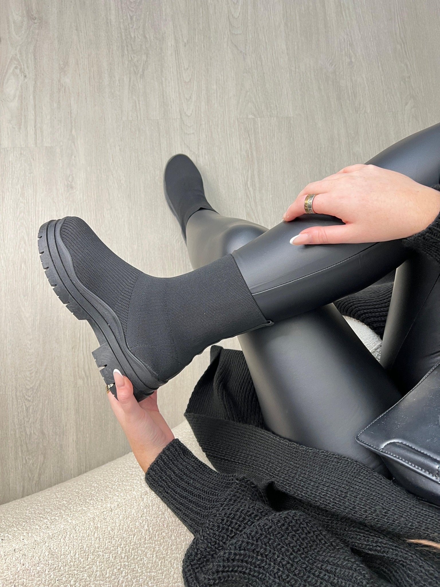 Black Short Fabric Sock Boots